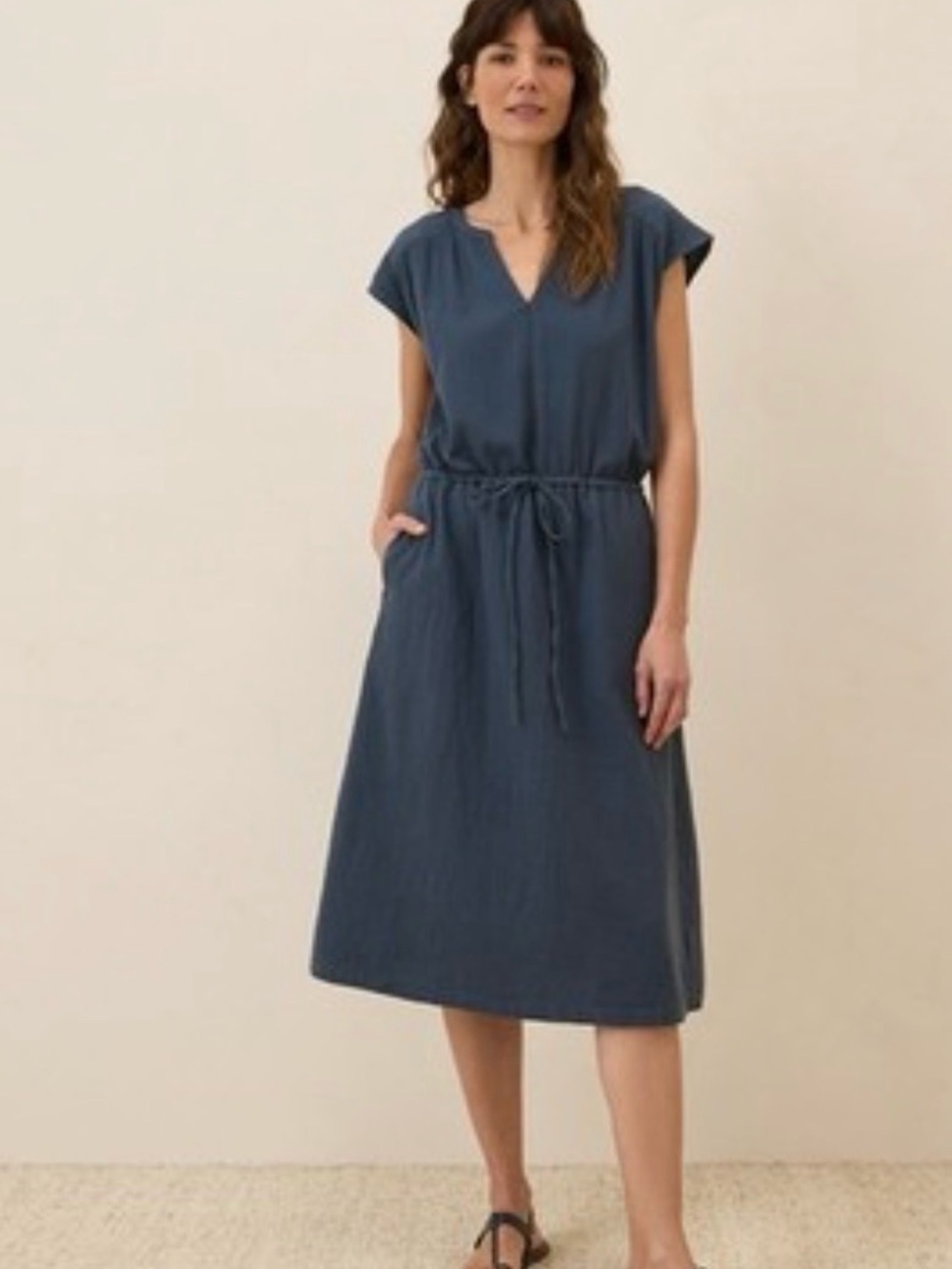 Pact Double Gauze Coastal Women’s Navy Drawstring Waist V-Neck Dress - Picture 4 of 4